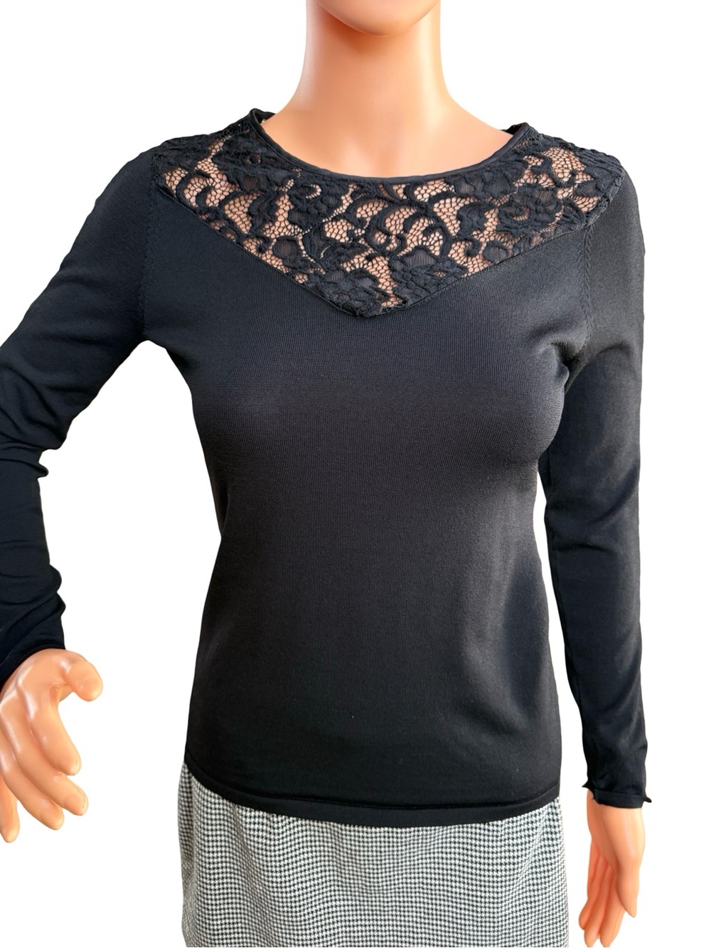 White House Black Market Black Lace-Inset Long Sleeve Top
